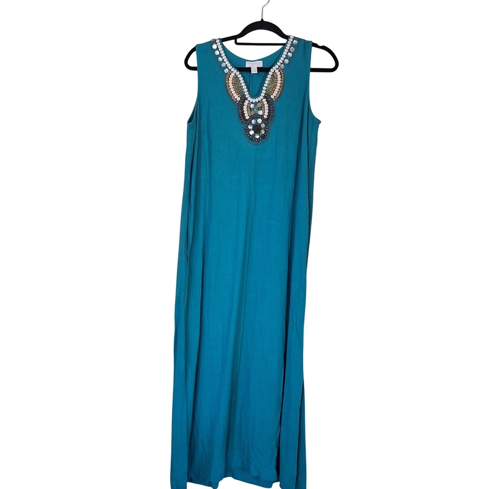 Susan Graver Pure Teal Blue Beaded Neckline Linen Blend Maxi Dress Petite Medium
